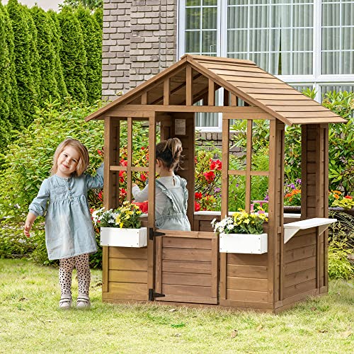 Outsunny Kids Wooden Playhouse, Outdoor Garden Games Cottage, with Working Door, Windows, Flowers Pot Holder, 47" x 38" x 54