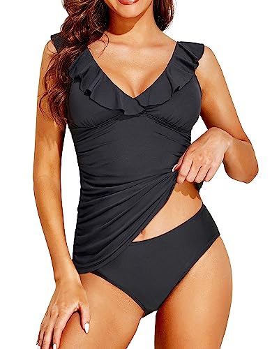 Holipick Two Piece Tankini Swimsuits for Women Tummy Control Bathing Suit Ruffle V Neck Tankini Top with Bikini Bottom