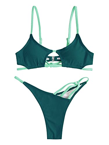 ZAFUL Women's Sexy Cutout Bikini Thong Bikini Set Tie Back Two Piece Swimsuit Bathing Suit