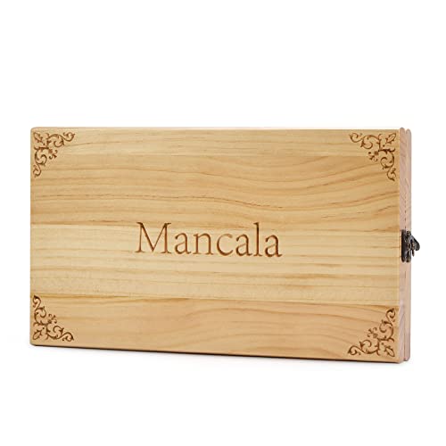 AMEROUS Wooden Mancala Board Game Set - Upgraded Larger Size - 72+8 Bonus Multi Color Glass Stones - Folding Board - Gift Package -Instructions, Portable Board Game for Adults, Kids