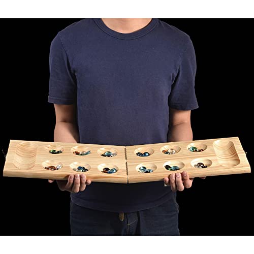 AMEROUS Wooden Mancala Board Game Set - Upgraded Larger Size - 72+8 Bonus Multi Color Glass Stones - Folding Board - Gift Package -Instructions, Portable Board Game for Adults, Kids