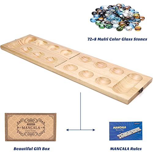 AMEROUS Wooden Mancala Board Game Set - Upgraded Larger Size - 72+8 Bonus Multi Color Glass Stones - Folding Board - Gift Package -Instructions, Portable Board Game for Adults, Kids