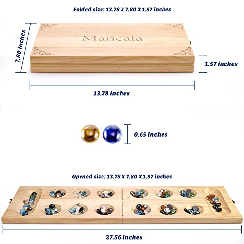 AMEROUS Wooden Mancala Board Game Set - Upgraded Larger Size - 72+8 Bonus Multi Color Glass Stones - Folding Board - Gift Package -Instructions, Portable Board Game for Adults, Kids