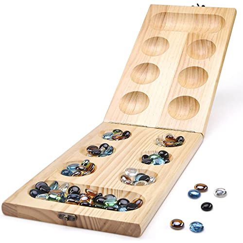 AMEROUS Wooden Mancala Board Game Set - Upgraded Larger Size - 72+8 Bonus Multi Color Glass Stones - Folding Board - Gift Package -Instructions, Portable Board Game for Adults, Kids