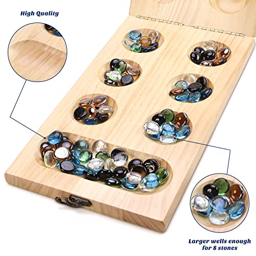 AMEROUS Wooden Mancala Board Game Set - Upgraded Larger Size - 72+8 Bonus Multi Color Glass Stones - Folding Board - Gift Package -Instructions, Portable Board Game for Adults, Kids