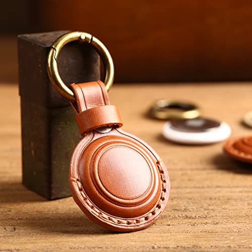 KEEPXYZ Genuine Leather Airtag Holder Suitable for Apple Airtag Keychain Leather, Small Air Tag Holder with Key Rings, Protective Airtag Case Cover Accessories - Brown V1.0