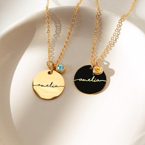 Custom Birthstone Name Necklace Personalized for Women Girls Birthday Gold Plated Gemstone Pendant Jewelry for Mom Engraved Necklace Handmade Customized June Anniversary Grandma -CN-BS-SH