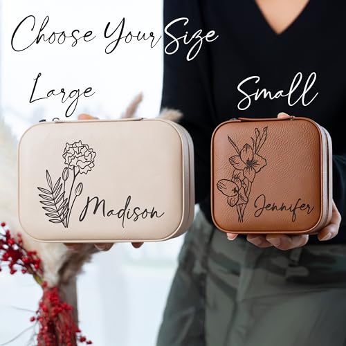 Custom Leather Customized Jewelry Organizer Box w/Name & Birth Flower Month - Birthday Gifts for Women, Mom Personalized Jewelry Travel Case - Beige