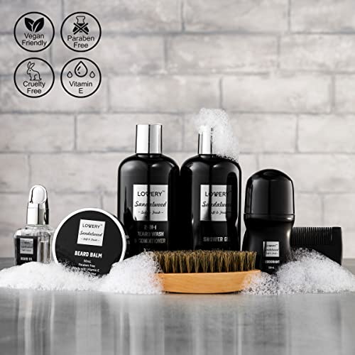 Fathers Day Beard Growth Kit, Gift Baskets for Men, Beard Kit & Body Care Gifts, Sandalwood Spa Gift Baskets, Mens Bath & Beard Grooming Kit for Him, Birthday Gifts with Beard Balm, Deodorant & More