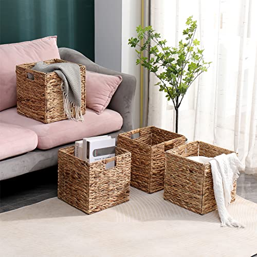 JCLD&YO9 Foldable Handwoven Water Hyacinth Storage Baskets Wicker Cube Baskets Rectangular Laundry Organizer Totes,Set of 4 Pcs,12x12x12inch