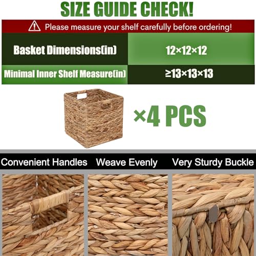 JCLD&YO9 Foldable Handwoven Water Hyacinth Storage Baskets Wicker Cube Baskets Rectangular Laundry Organizer Totes,Set of 4 Pcs,12x12x12inch