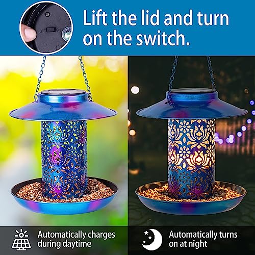 Ottsuls Solar Bird Feeder for Outdoors Hanging, Metal Wild Cardinals Garden Lantern with S Hook, Weatherproof and Water Resistant Birdfeeders as Gift Idea for Bird Lovers (Blue)