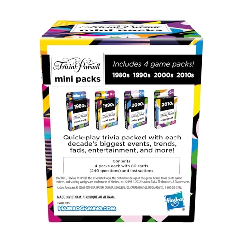 Hasbro Gaming Trivial Pursuit Mini Packs Multipack, Fun Trivia Questions for Adults and Teens Ages 16+, Includes 4 Game Featuring 4 Decades