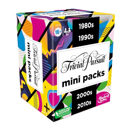 Hasbro Gaming Trivial Pursuit Mini Packs Multipack, Fun Trivia Questions for Adults and Teens Ages 16+, Includes 4 Game Featuring 4 Decades