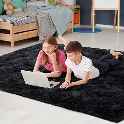 Noahas Fluffy Bedroom Rug Carpet,4x5.3 Feet Shaggy Fuzzy Rugs for Bedroom,Soft Rug for Kids Room,Plush Nursery Rug for Baby,Thick Black Area Rugs for Living Room,Cute Room Decor for Girls Boys