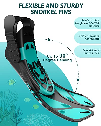 Mask Fins Snorkeling Gear for Adults, Full Face Snorkel Mask & Adjustable Swim Fins Snorkel Set, Panoramic View Snorkel Mask Dry Top System Anti-Fog Anti-Leak