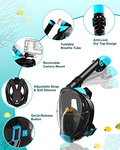 Mask Fins Snorkeling Gear for Adults, Full Face Snorkel Mask & Adjustable Swim Fins Snorkel Set, Panoramic View Snorkel Mask Dry Top System Anti-Fog Anti-Leak