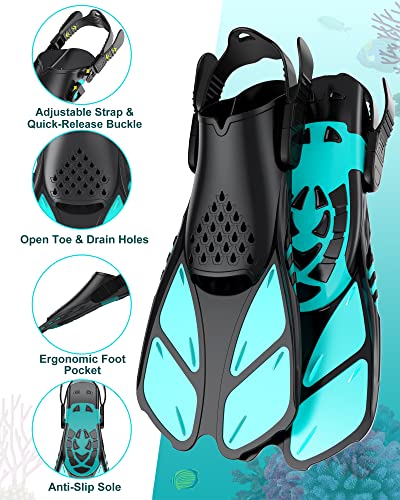 Mask Fins Snorkeling Gear for Adults, Full Face Snorkel Mask & Adjustable Swim Fins Snorkel Set, Panoramic View Snorkel Mask Dry Top System Anti-Fog Anti-Leak