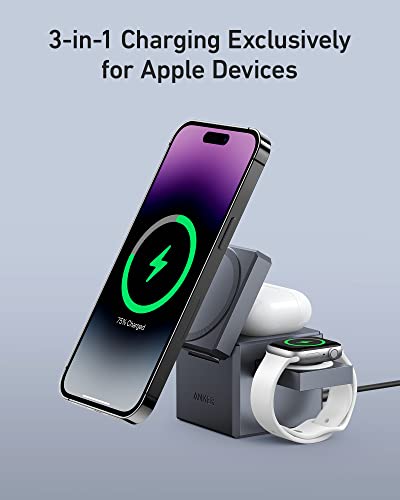 Anker MagSafe Charger Stand,Anker 3-in-1 Cube with MagSafe, 15W Max Fast Charging Stand, Foldable Wireless Charger for iPhone 15/14/13, Apple Watch S1-8/Ultra, AirPods (30W USB-C Charger Included)