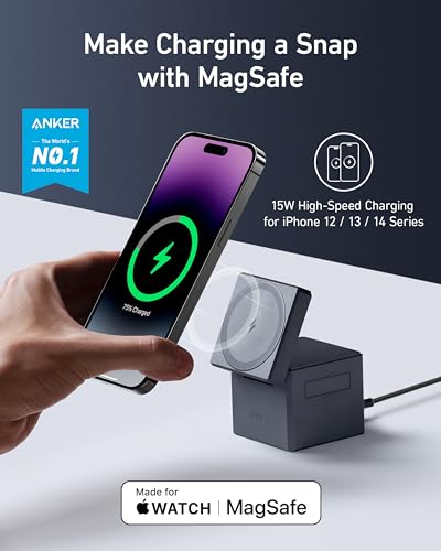 Anker MagSafe Charger Stand,Anker 3-in-1 Cube with MagSafe, 15W Max Fast Charging Stand, Foldable Wireless Charger for iPhone 15/14/13, Apple Watch S1-8/Ultra, AirPods (30W USB-C Charger Included)