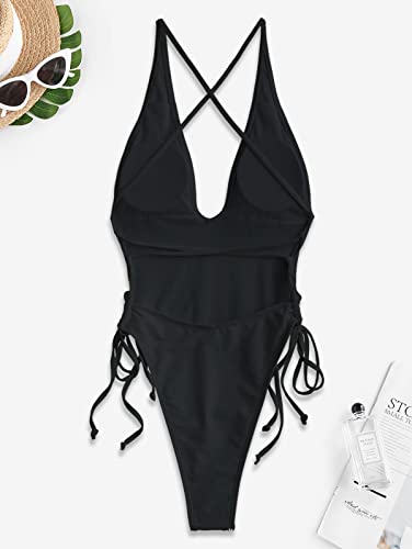 ZAFUL Women Plunging One Piece Swimsuit Backless Cross Tie High Cut Thong One-Piece Bathing Suit