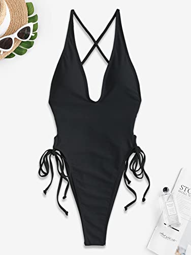 ZAFUL Women Plunging One Piece Swimsuit Backless Cross Tie High Cut Thong One-Piece Bathing Suit