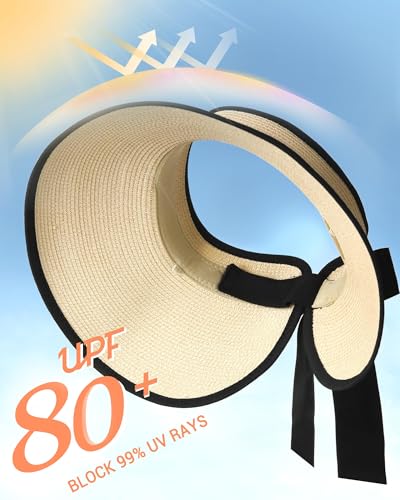 Camptrace UPF 50+ Sun Visors for Women Wide Brim Beach Hat Foldable Straw Visor Hat Ponytail Summer Packable