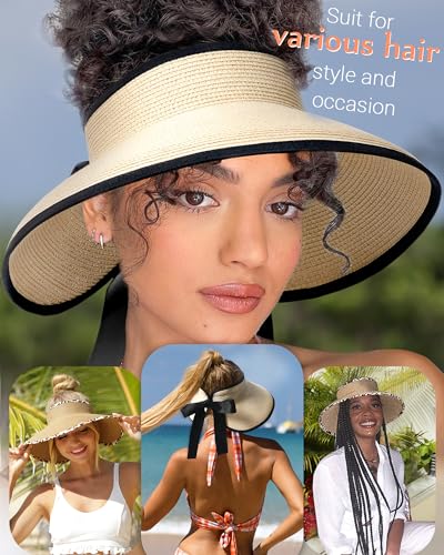 Camptrace UPF 50+ Sun Visors for Women Wide Brim Beach Hat Foldable Straw Visor Hat Ponytail Summer Packable