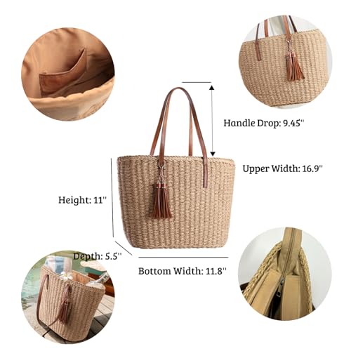 YXILEE Straw Bags For Women | M Size Travel Straw Totes Bag Woven Summer Handmade Shoulder Bag Handbag