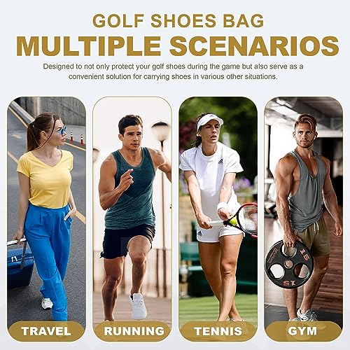 Golf Shoe Bag for Travel Zippered Sport Shoe Carrier Bags with Side Accessory Pockets for Socks, Tees, Golf Balls（Black）