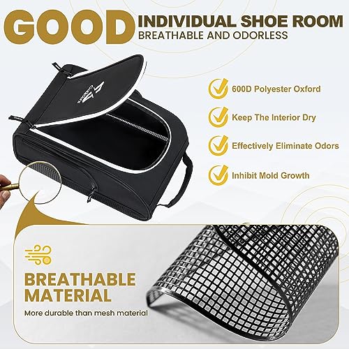 Golf Shoe Bag for Travel Zippered Sport Shoe Carrier Bags with Side Accessory Pockets for Socks, Tees, Golf Balls（Black）