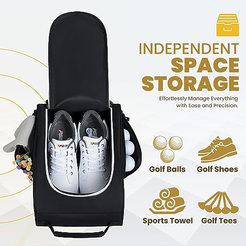 Golf Shoe Bag for Travel Zippered Sport Shoe Carrier Bags with Side Accessory Pockets for Socks, Tees, Golf Balls（Black）