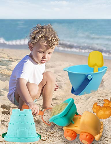 IOKUKI Long Shovels Sand Toys Set with Mesh Bag Including Dump Truck, Beach Buckets, Shovels, Rakes, Molds, Outdoor Beach Toys Tool Kit for Kids, Toddlers, Boys and Girls (15 PCS) Age 3+