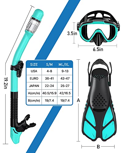 Snorkeling Gear for Adults Men Women,4 in 1 Snorkel Set with Panoramic View Diving Mask Anti-Fog Anti-Leak,Dry Top Snorkel,Fins and Travel Bag for Swimming,Snorkeling and Travel Diving