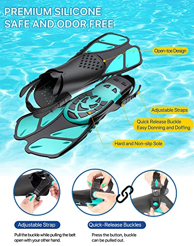 Snorkeling Gear for Adults Men Women,4 in 1 Snorkel Set with Panoramic View Diving Mask Anti-Fog Anti-Leak,Dry Top Snorkel,Fins and Travel Bag for Swimming,Snorkeling and Travel Diving