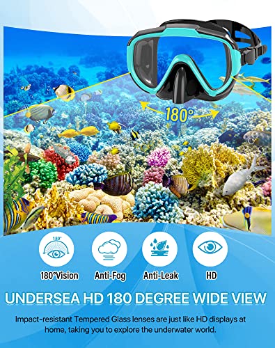 Snorkeling Gear for Adults Men Women,4 in 1 Snorkel Set with Panoramic View Diving Mask Anti-Fog Anti-Leak,Dry Top Snorkel,Fins and Travel Bag for Swimming,Snorkeling and Travel Diving