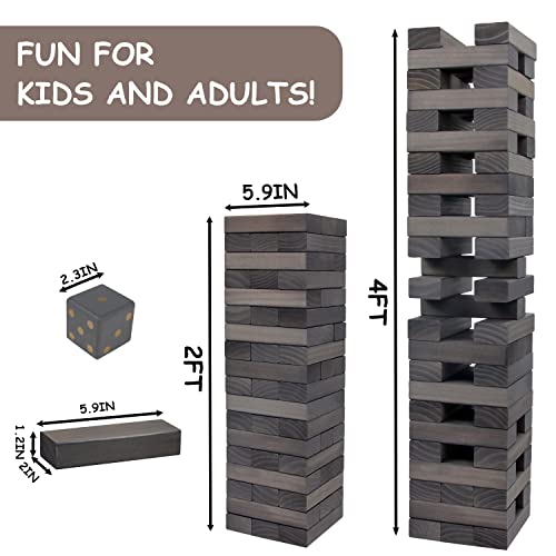 Juegoal 54 Pieces Giant Tumble Tower Blocks Game Giant Wood Stacking Game with 1 Dice Set, Gameboard, Canvas Bag for Adult, Kids, Family, Grey