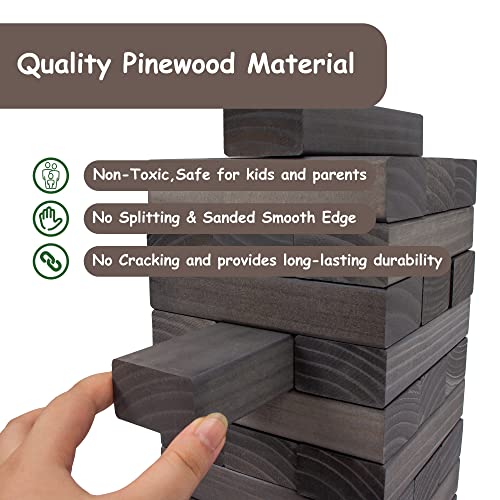 Juegoal 54 Pieces Giant Tumble Tower Blocks Game Giant Wood Stacking Game with 1 Dice Set, Gameboard, Canvas Bag for Adult, Kids, Family, Grey