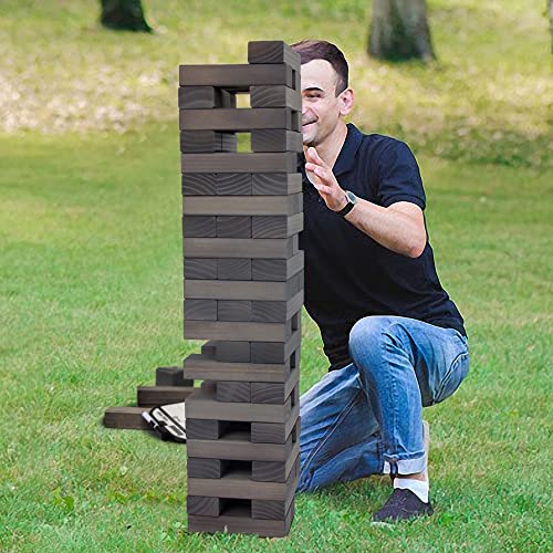 Juegoal 54 Pieces Giant Tumble Tower Blocks Game Giant Wood Stacking Game with 1 Dice Set, Gameboard, Canvas Bag for Adult, Kids, Family, Grey