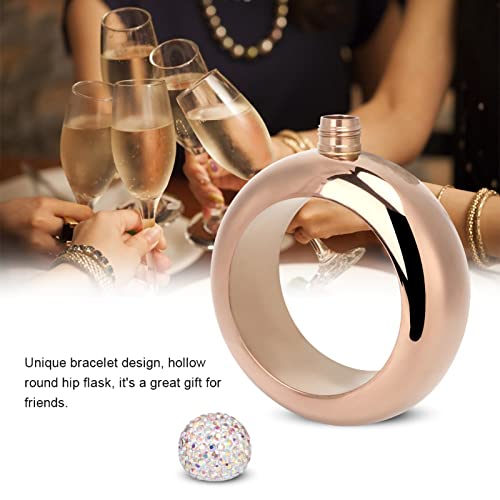 Bracelet Flask Hip, 3.5oz Stainless Steel Bracelet Shape Hollow Round Hip Flask with Crystal Lid Portable Dance Birthday Party Flask Women Girls Men(Bright rose gold)