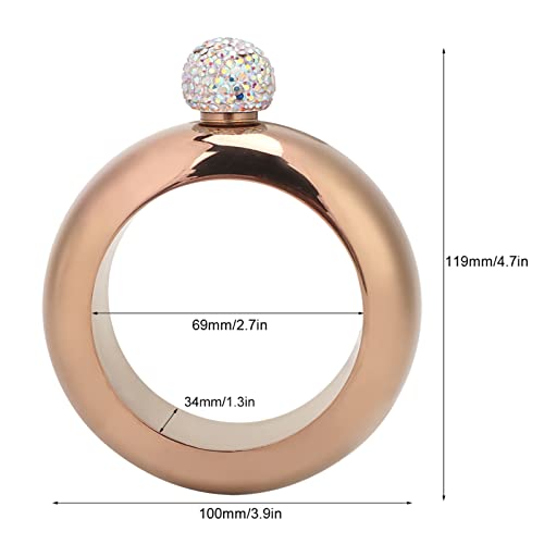 Bracelet Flask Hip, 3.5oz Stainless Steel Bracelet Shape Hollow Round Hip Flask with Crystal Lid Portable Dance Birthday Party Flask Women Girls Men(Bright rose gold)