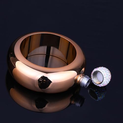 Bracelet Flask Hip, 3.5oz Stainless Steel Bracelet Shape Hollow Round Hip Flask with Crystal Lid Portable Dance Birthday Party Flask Women Girls Men(Bright rose gold)