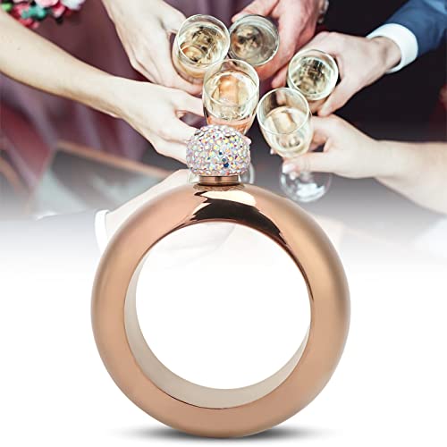 Bracelet Flask Hip, 3.5oz Stainless Steel Bracelet Shape Hollow Round Hip Flask with Crystal Lid Portable Dance Birthday Party Flask Women Girls Men(Bright rose gold)