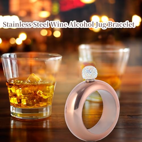 Bracelet Flask Hip, 3.5oz Stainless Steel Bracelet Shape Hollow Round Hip Flask with Crystal Lid Portable Dance Birthday Party Flask Women Girls Men(Bright rose gold)