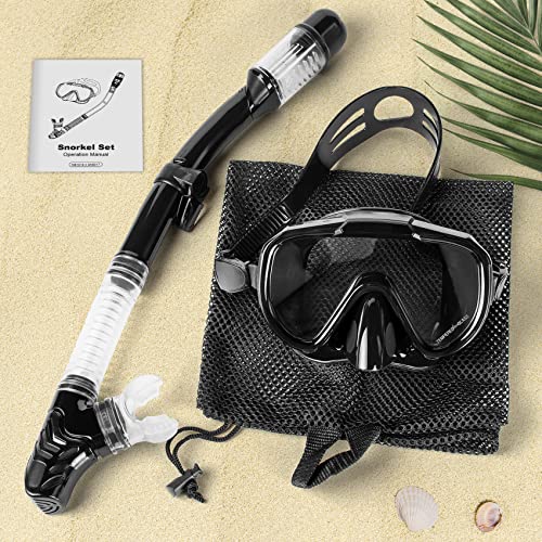 Snorkel Set, Zipoute Snorkel Dry Top Snorkeling Gear for Adults, Panoramic Anti-Leak and Anti-Fog Tempered Glass Lens, Adults Adjustable Snorkeling Set, Scuba Diving Swimming Training Snorkel Kit