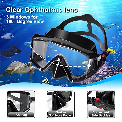 Snorkel Set Pano 3 Window Adult Snorkeling Gear, Professional Snorkel Goggles Anti-Fog Diving Mask, Anti-Leak Swim Mask and Dry Top Snorkel for Diving, Snorkeling, Swimming