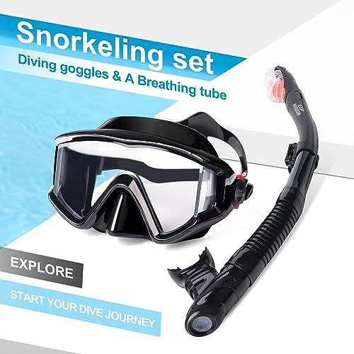 Snorkel Set Pano 3 Window Adult Snorkeling Gear, Professional Snorkel Goggles Anti-Fog Diving Mask, Anti-Leak Swim Mask and Dry Top Snorkel for Diving, Snorkeling, Swimming