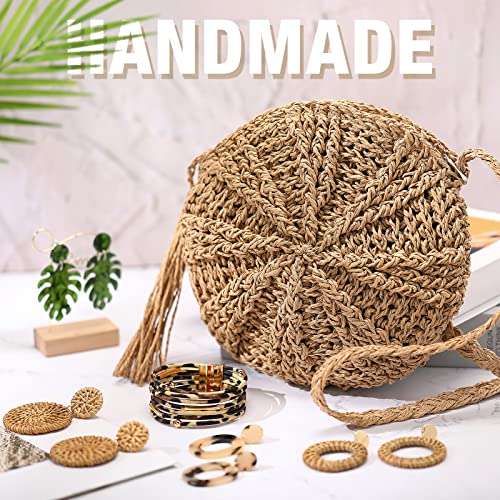 Hicarer Beach Purse Earrings Set Straw Bag Vacation Purse with 4 Rattan Boho Tropical Earrings Leopard Bracelet