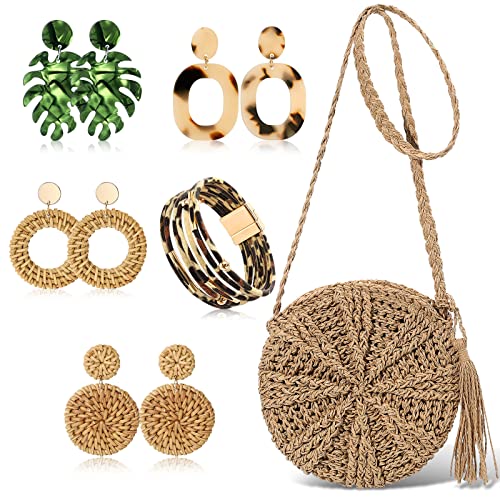 Hicarer Beach Purse Earrings Set Straw Bag Vacation Purse with 4 Rattan Boho Tropical Earrings Leopard Bracelet