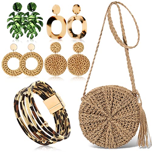 Hicarer Beach Purse Earrings Set Straw Bag Vacation Purse with 4 Rattan Boho Tropical Earrings Leopard Bracelet